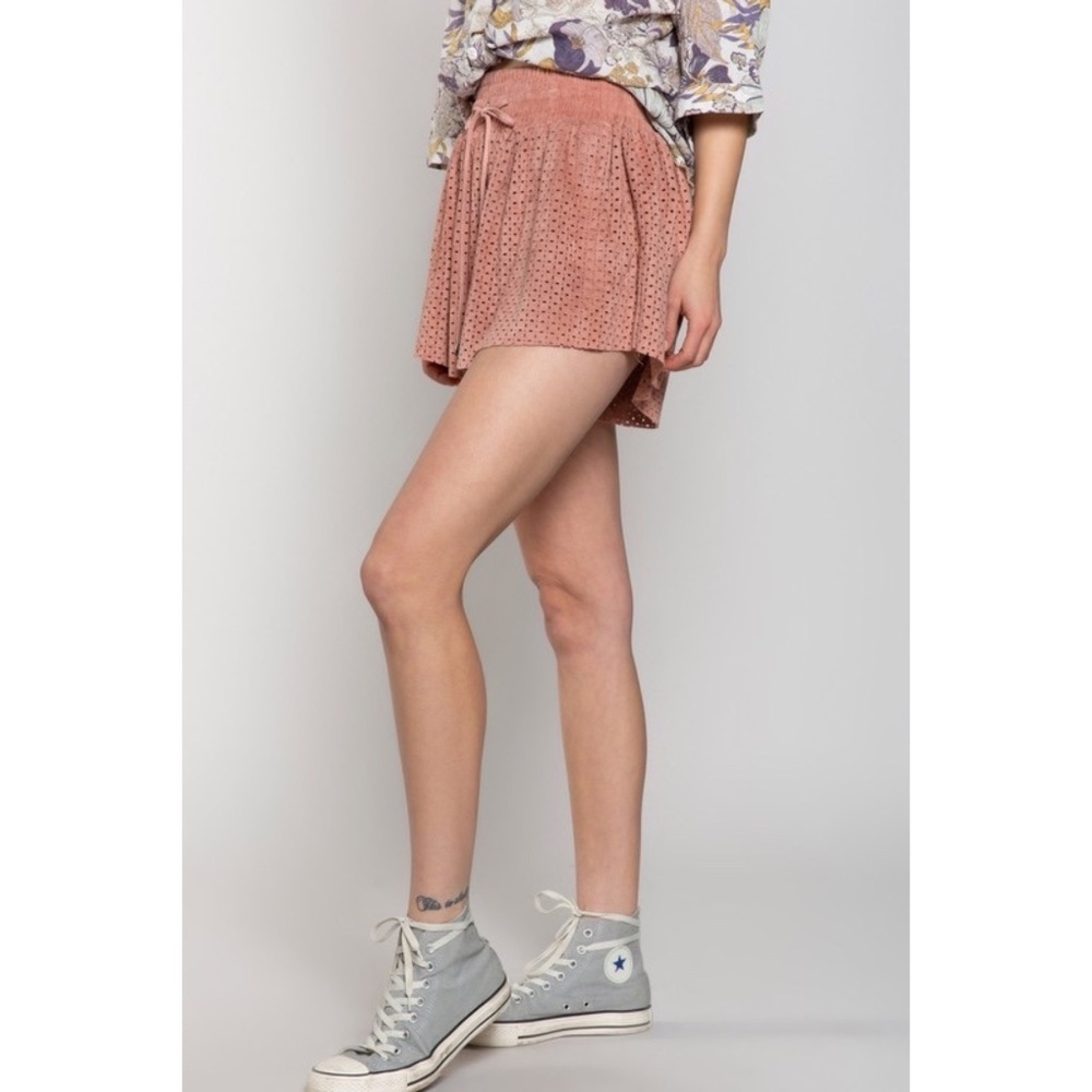 POL Dusty Pink Vegan Suede Smocked Waist Relaxed Fit Shorts - Picture 4 of 11